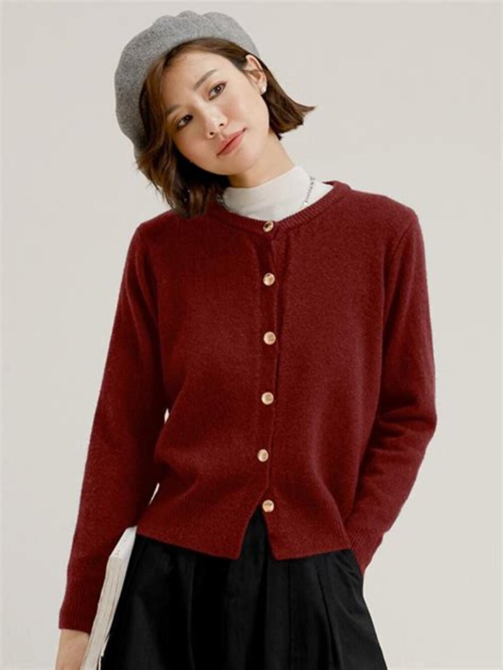 Freestyle Red Wine Button-Front Crewneck Cardigan M/L